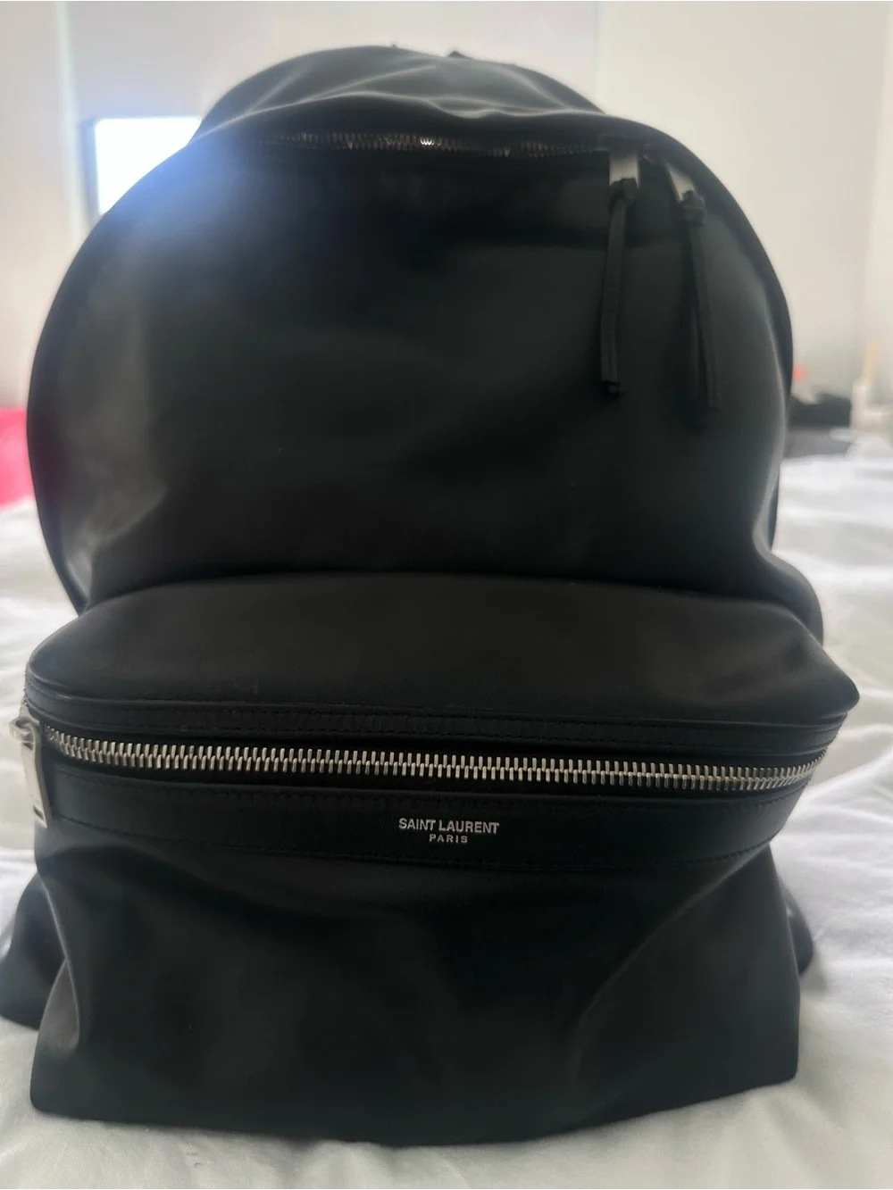Saint Laurent Black Smooth Leather Backpack with Front Zip Pocket